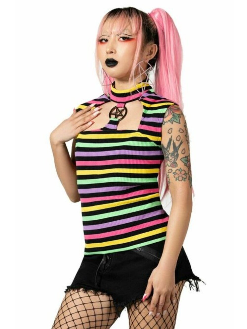 Killstar Rainbow Warrior Sleeveless Knit Top w/ Cut-Outs & Pentagram Hardware XS